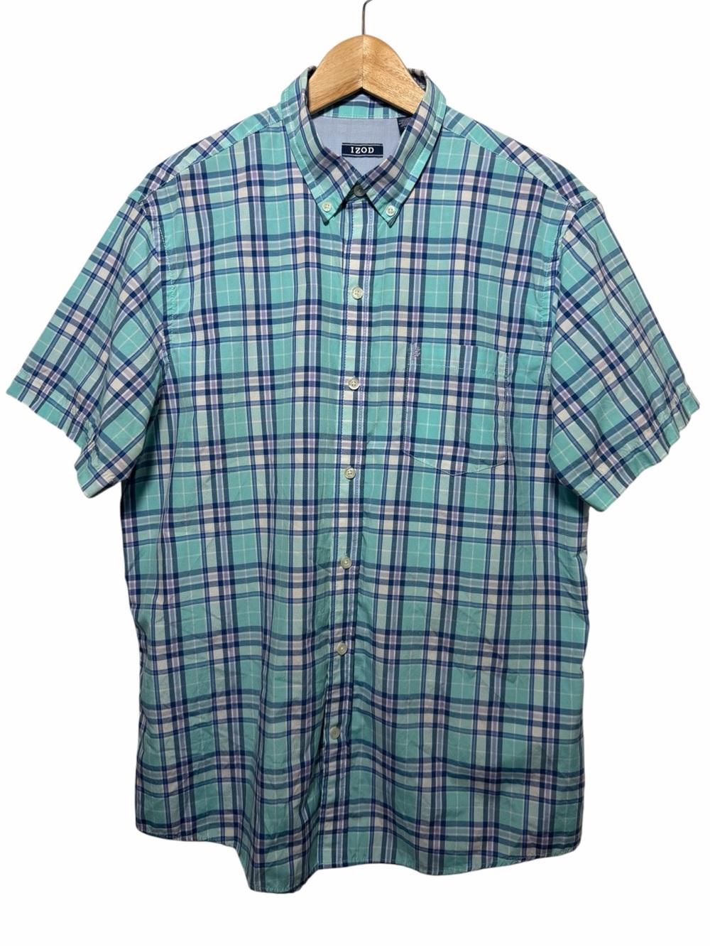 IZOD Mens Teal Navy Plaid Short Slv Button Down Shirt Logo Pocket Casual Preppy